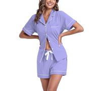 COLORFULLEAF 100% Cotton Pajamas Set for Women Short Sleeve Sleepwear Button Down Pjs Soft 2 Piece Lounge Wear Sets(Purple,S)