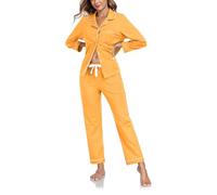 COLORFULLEAF 100% Cotton Pyjamas for Women Long Sleeve Button Down Pjs Set with Pockets Contrast Piping Loungewear(Marigold,L)