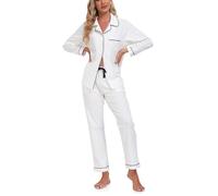 COLORFULLEAF 100% Cotton Pyjamas for Women Nightwear, Long Sleeve Button Down Pjs Set with Pockets, Two Piece Lounge Wear Sets for Ladies(White,L)