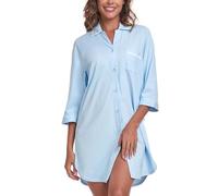 COLORFULLEAF 100% Cotton Women's Nightdress Button Down Nightshirts 3/4 Sleeve Sleep Dress Soft Sleepwear Loungewear Summer Nightgown (Light Blue,S)