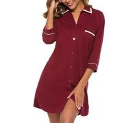 COLORFULLEAF 100% Cotton Women's Nightdress Button Down Nightshirts 3/4 Sleeve Sleep Dress Soft Sleepwear Loungewear Summer Nightgown (Wine Red,2XL)