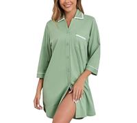 COLORFULLEAF 100% Cotton Women's Nightdress Button Down Nightshirts 3/4 Sleeve Sleep Dress Soft Sleepwear Loungewear Summer Nightgown (Sage Green,M)