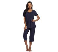 COLORFULLEAF Ladies Pyjamas Bamboo Rayon Pyjamas for Women Short Sleeve Pjs Set 2 Pieces Soft Sleepwear with Pockets(Navy,XL)