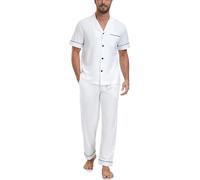 COLORFULLEAF Mens Pyjamas Set 100% Cotton Soft Button Down Nightwear Short Sleeve Top & Long Bottoms Pjs - Gifts for Him(White,L)