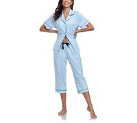 COLORFULLEAF Pyjamas for Women Soft Two Pieces Pjs Sets Short Sleeve Button Down Sleepwear Loungewear with Pockets S-XXL(Light Blue,XL)