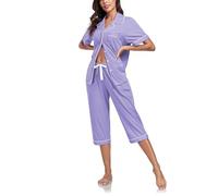 COLORFULLEAF Pyjamas for Women Soft Two Pieces Pjs Sets Short Sleeve Button Down Sleepwear Loungewear with Pockets S-XXL(Lavender,L)