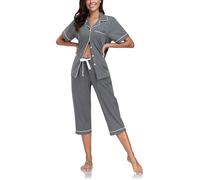 COLORFULLEAF Pyjamas for Women Soft Two Pieces Pjs Sets Short Sleeve Button Down Sleepwear Loungewear with Pockets S-XXL(Dark Grey,XL)