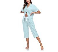 COLORFULLEAF Women's 100% Cotton Capri Pyjama Set Button Down Nightwear Short Sleeves Cropped Bottoms with Pockets S-2XL(Sea Salt Blue,2XL)