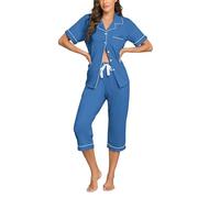 COLORFULLEAF Women's 100% Cotton Capri Pyjama Set Button Down Nightwear Short Sleeves Cropped Bottoms with Pockets S-2XL(Azure,L)