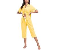 COLORFULLEAF Women's 100% Cotton Capri Pyjama Set Button Down Nightwear Short Sleeves Cropped Bottoms with Pockets S-2XL(Yellow,L)