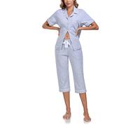 COLORFULLEAF Women's 100% Cotton Capri Pyjama Set Button Down Nightwear Short Sleeves Cropped Bottoms with Pockets S-2XL(Gray,S)