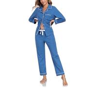 COLORFULLEAF Women's 100% Cotton Pyjama Set Long Sleeve Button Down Ladies Pyjamas Sleepwear Nightwear with Pockets(Azure,M)