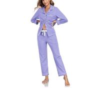 COLORFULLEAF Women's 100% Cotton Pyjama Set Long Sleeve Sleepwear Long Pant 84 Piece Button Down Pjs Set (Lavender,2XL)