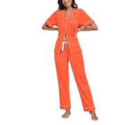 COLORFULLEAF Women's 100% Cotton Pyjama Set Short Sleeve Button Down Sleepwear with Pockets Drawstring Waist Loungewear(Coral Orange,XL)