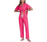 COLORFULLEAF Women's 100% Cotton Pyjama Set Short Sleeve Button Down Sleepwear with Pockets Drawstring Waist Loungewear(Hot Pink,XL)
