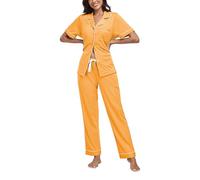 COLORFULLEAF Women's 100% Cotton Pyjama Set Short Sleeve Button Down Sleepwear with Pockets Drawstring Waist Loungewear(Marigold,S)