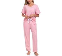 COLORFULLEAF Women's 100% Cotton V-Neck Pyjama Set Short Sleeve Top & Long Pants Sleepwear with Pockets Loungewear(Pink,M)