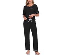 COLORFULLEAF Women's 100% Cotton V-Neck Pyjama Set Short Sleeve Top & Long Pants Sleepwear with Pockets Loungewear(Black,XL)