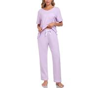 COLORFULLEAF Women's 100% Cotton V-Neck Pyjama Set Short Sleeve Top & Long Pants Sleepwear with Pockets Loungewear(Purple,M)
