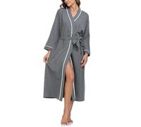 COLORFULLEAF Womens Dressing Gown Long 100% Cotton Kimono Robe Lightweight Ladies Bathrobe V Neck Soft Spa&Hotel Nightwear with Pockets for All Seasons(Dark Gray,L)
