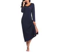 COLORFULLEAF Women's Long Nightdresses Soft Long Sleeve Nighties V Neck & Slit Hem Nightshirt Ladies Winter Nightgown with Pockets（Navy Blue,XL