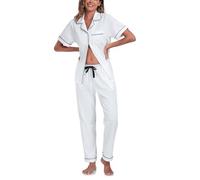 COLORFULLEAF Women's Pyjama Set 100% Cotton Nightwear Button Down Pj Sets 2 Piece Ladies Pyjamas Set Short Sleeve Sleepwear Loungewear with Pockets(White,L)
