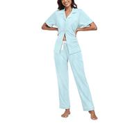 COLORFULLEAF Women's Pyjama Set 100% Cotton Nightwear Button Down Pj Sets 2 Piece Ladies Pyjamas Set Short Sleeve Sleepwear Loungewear with Pockets(Sea Salt Blue,S)