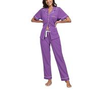 COLORFULLEAF Women's Pyjamas with Button Placket, 100% Cotton, Short Sleeve Pyjama Set, Two-Piece Top and Pyjama Bottoms, Sleepwear, violet, L