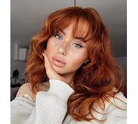 ColorfulPanda 14 Inch Short Curly Red Brown Copper Ginger Bob Wigs for Women Natural Synthetic Wave Hair Wigs with Fringe Bangs Daily Party wig Auburn Blonde