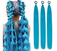 ColorfulPanda 3 Packs Braid Ponytail Extension 26Inch Long Ponytail Extension with Elastic Tie Straight Sleek Wrap Around Hair Extensions for women Girls,Cyan/Sky Blue