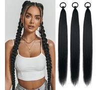 ColorfulPanda 3 Packs Braid Ponytail Extension 26Inch Long Ponytail Extension with Elastic Tie Straight Sleek Wrap Around Hair Extensions for women Girls,Black