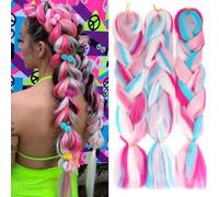 ColorfulPanda 3 packs Hair Extensions for Braiding Crochet Twist Hair Blue Red Pink Color,Yaki Synthetic Easy Jumbo Braids Pre-stretched African Box Braided hair 24inch
