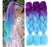 ColorfulPanda 3 packs Hair Extensions for Braiding Crochet Twist Hair Purple Blue Color,Yaki Synthetic Easy Jumbo Braids Pre-stretched African Box Braided hair 24inch,dark purple/light blue