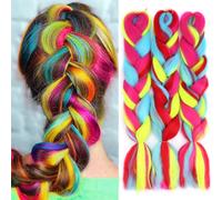 ColorfulPanda 3 packs Hair Extensions for Braiding Crochet Twist Hair Rainbow Color,Yaki Synthetic Easy Jumbo Braids Pre-stretched African Box Braided hair 24inch,Yellow/Blue/Red/Rose pink