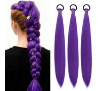 ColorfulPanda 3 Packs Purple Braid Ponytail Extension 26Inch Long Ponytail Extension with Elastic Tie Straight Sleek Wrap Around Hair Extensions Halloween Costume Cosplay，Rumi Purple