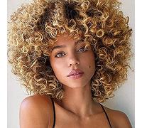 Colorfulpanda Curly Wig with Fringe Ombre Mixed Blonde Brown Short Hair Afro Kinky Culry Natural Synthetic Wigs for Black Women Cosplay Party Daily Wear