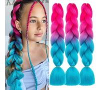 ColorfulPanda Jumbo Braiding Hair Extension Colourful Xpression Pre Stretched Braiding Hair Heat Resistant Synthetic African Box Braids Crochet Twist Rainbow hair 3 Pcs 24inch Rose Pink/Lake Blue