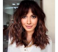 Colorfulpanda Medium Brown Short Bob Wigs for Women Wavy Wigs with Fringe Natural Heat Resistant Synthetic Hair for Daily Use and Cosplay 16 inch
