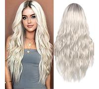 ColorfulPanda Realistic Looking Platinum Blonde Curly Wavy Wigs with Dark Roots Ombre Heat Resistant Synthetic Hair Wigs for Women Middle Parting None Lace Front Wig
