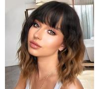 Colorfulpanda Short Bob Wigs for Women Chocolate Brown with Dark Root Wavy Wigs with Fringe Natural Shoulder Length Heat Resistant Synthetic Hair for Daily Use/Cosplay 16 inch