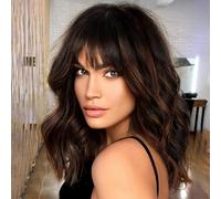 Colorfulpanda Short Bob Wigs for Women Dark brown with Blonde Highlight Wavy Curly Wig with Fringe Natural Synthetic Heat Resistant Hair Wig Cosplay or Daily Use 14 Inch