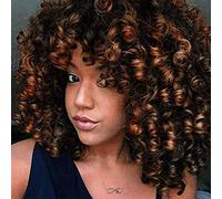 ColorfulPanda Short Curly Hair Wigs for Black Women Brown Mixed Blonde Color Afro Kinky Curly Wig 150% Density Brazilian Synthetic Hair Wigs with bangs