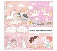 Coloring Book cartoon unicorn: little girls playing in a room. The design is suitable for children's furniture and wallpaper featuring cute cartoon drawings detailed, colorful cheerful aesthetic.