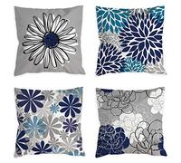 COLORPAPA Blue Pillow Covers 18x18 Set of 4 Grey Decorative Throw Pillow Cover for Couch Modern Daisy Pillows Case for Living Room Cushion Bed Outdoor Navy Blue and Gray Home Decor
