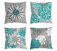 COLORPAPA Teal Pillow Covers 18x18 Set of 4 Turquoise and Grey Decorative Throw Pillow Cover for Couch Modern Daisy Pillows Case for Living Room Cushion Bed Outdoor Home Decor
