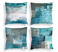 COLORPAPA Teal Throw Pillow Covers 18x18 Set of 4 Decorative Cushion Cover Turquoise Grey Abstract Art Painting Pillowcase for Sofa Bedroom Living Room Décor