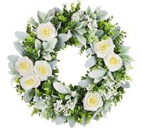 COLORSPEC Artificial Door Wreath Summer Wreaths for Front Door with White Roses 20" /50cm Boxwood Eucalyptus Front Door Wreath for Inside&Outside Windows Farmhouse Wedding DECOR