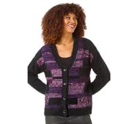 Roman Originals Colour Block Fluffy Knit Cardigan for Women UK - Ladies Everyday Autumn Winter V-Neckline Comfy Soft Evening Vacation Work Party Night Out - Purple - Size 16