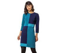 Roman Originals Knitted Jumper Dress for Women UK - Ladies Colour Block Winter Autumn Smart Casual Office Bodycon Workwear Everyday Long Sleeve Knee Length Knit Pocket - Blue - Size 12