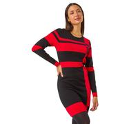 Roman Originals Knitted Jumper Dress for Women UK - Ladies Colour Block Winter Autumn Smart Casual Office Bodycon Workwear Everyday Long Sleeve Knee Length Knit Pocket - Red & Noir - Size 18